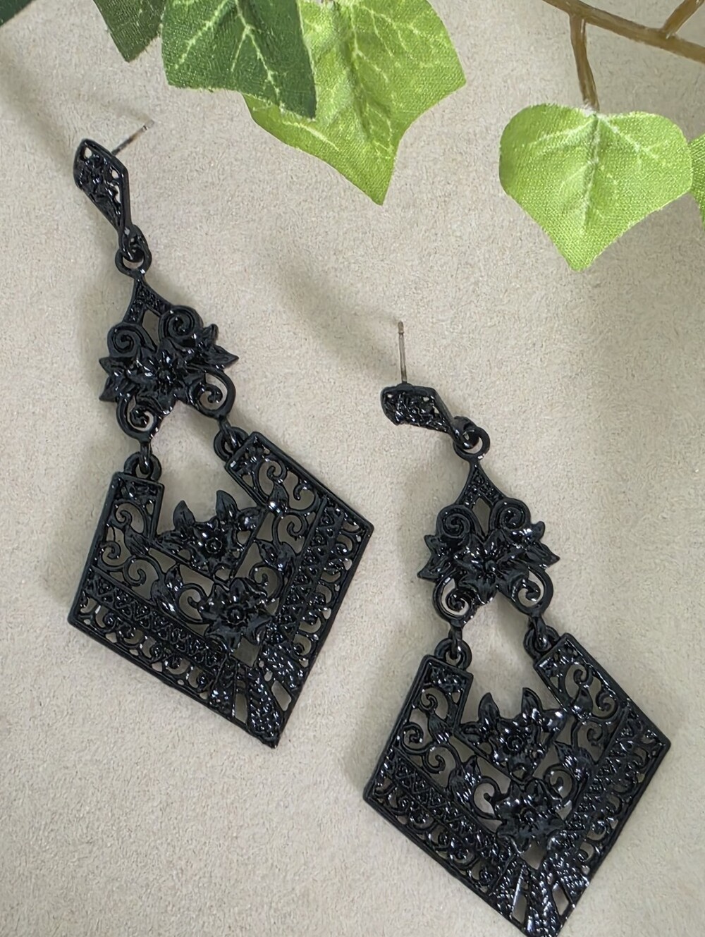 Elegant Black Filigree Geometric Statement Earrings – Lightweight Drop Design